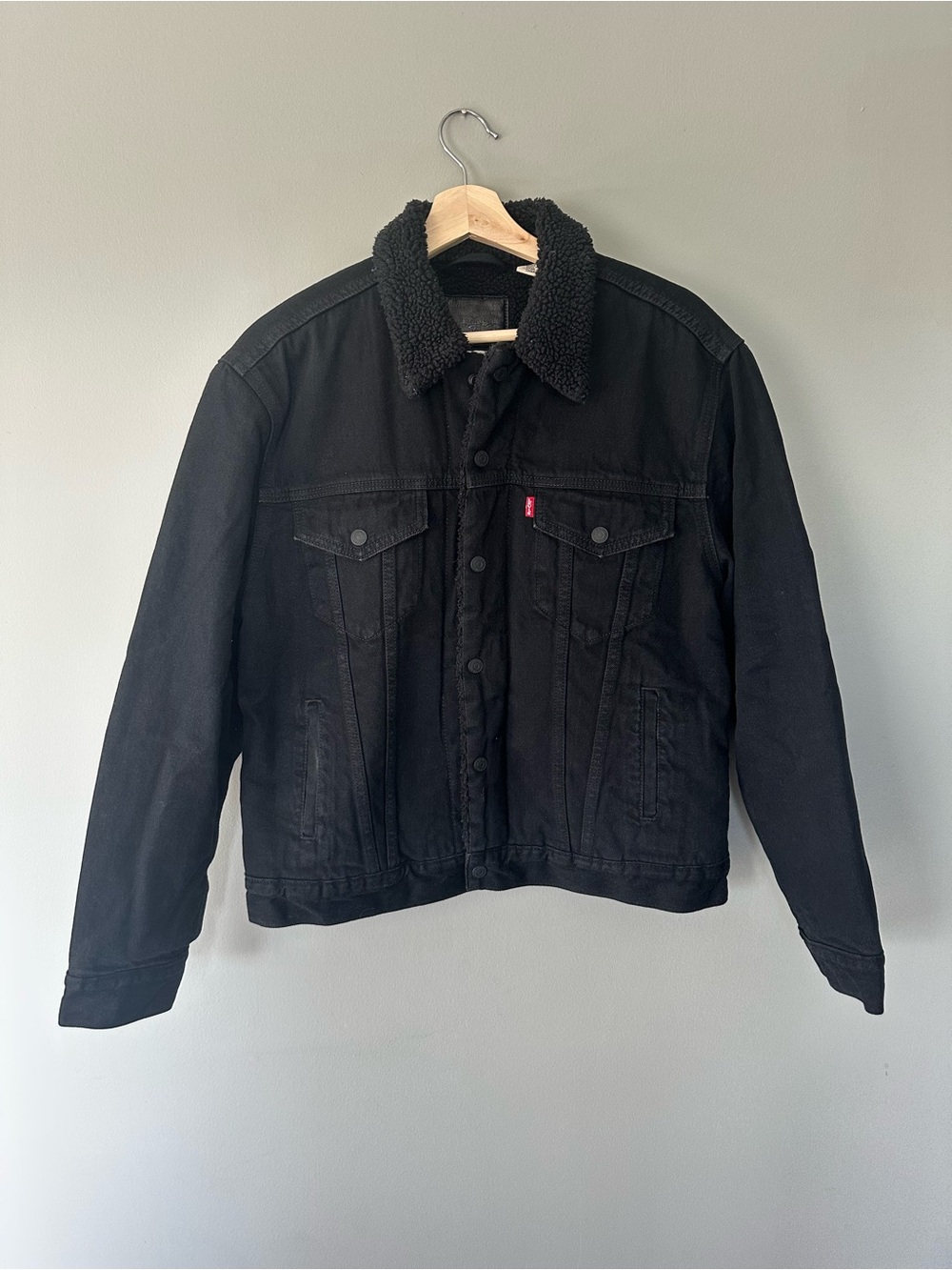 Levi's Black Sherpa-Lined Denim Jacket with Dark Sherpa Collar